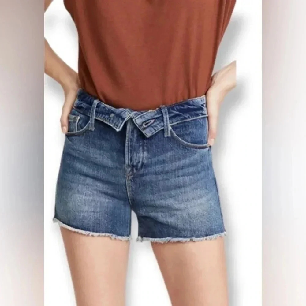 Good American The Cut Off Fold Over Waist Jean Shorts Blue684 Size 28